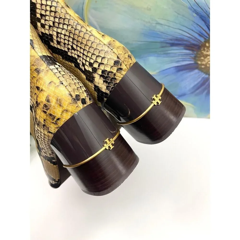 New Tory Burch Snakeskin Embossed Leather Square Toe Ankle Boots 9.5 Yellow